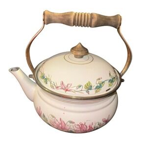 ASTA Enamelware Tea Kettle Teapot Brass Handles Floral Vintage 2 quart Germany